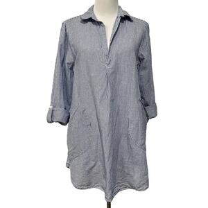 For Cynthia Linen Blend Cover Up Top Tunic Blue Striped Roll Tab Sleeves Size M